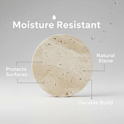 XINFUHUA Beige Travertine Coasters Set of 4, Non-Slip Cork Backing, Natural Stone Coaster for Drinks, Anti-Slip Round Artisanal Travertine Coaster for Kitchen Counter and Coffee Table (Round)