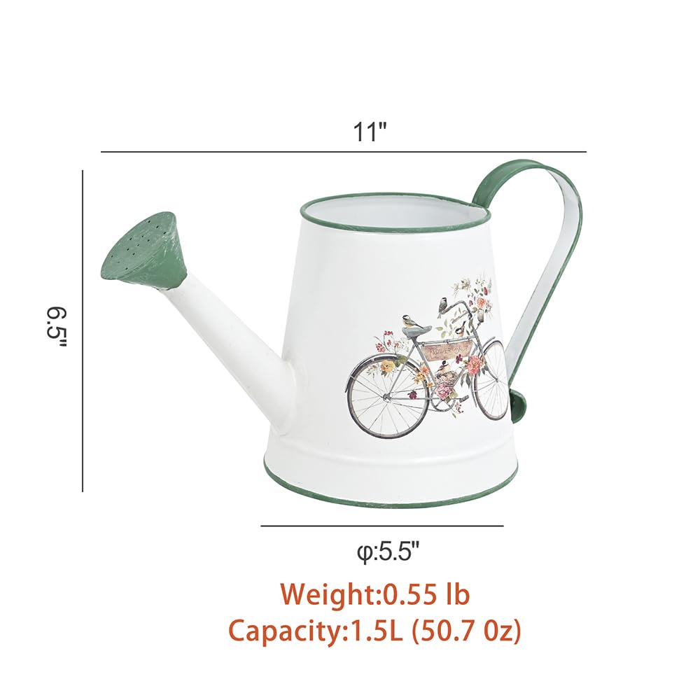 Zokyntrix Small Watering Can for Indoor Plants Garden Metal Decorative Watering Can Outdoor Bonsai Balcony Courtyard Garden Flower Decorative, 1.5L, 50.7 Oz (White Green)