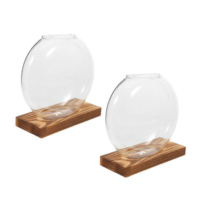 TOYANDONA 2pcs Hydroponic Glass Vases with Wooden Base, Small Plant Terrarium Pots for Indoor Propagation, Desktop Water Vase for Home Office Balcony