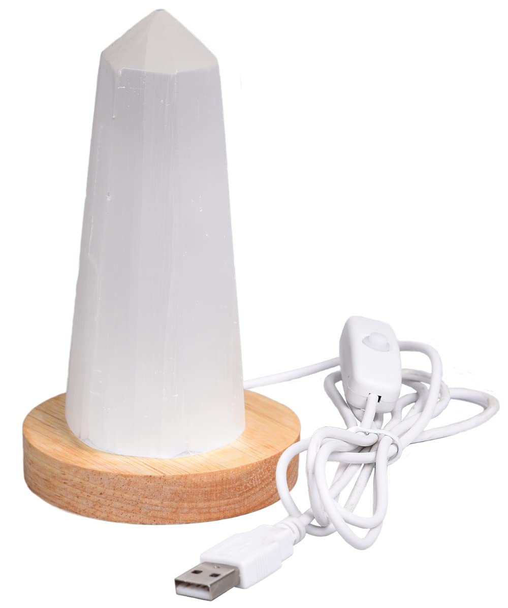 JIC Gem USB Selenite Lamp Hexagonal Crystal Points Selenite Tower Lamp Morocco Skyscraper 4 Inch with Wooden Light Stand Base