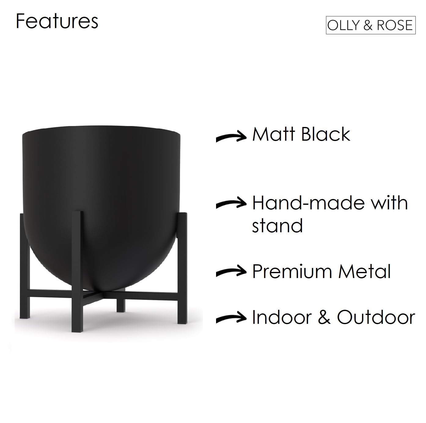 Olly & Rose Plant Pot with Plant Stand - Metal Plant Pots Indoor Planter 22cm Large Flower Pot (Black)