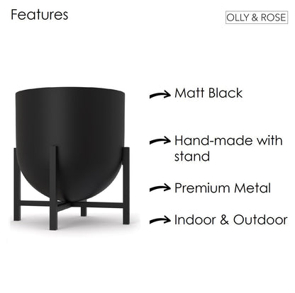 Olly & Rose Plant Pot with Plant Stand - Metal Plant Pots Indoor Planter 22cm Large Flower Pot (Black)