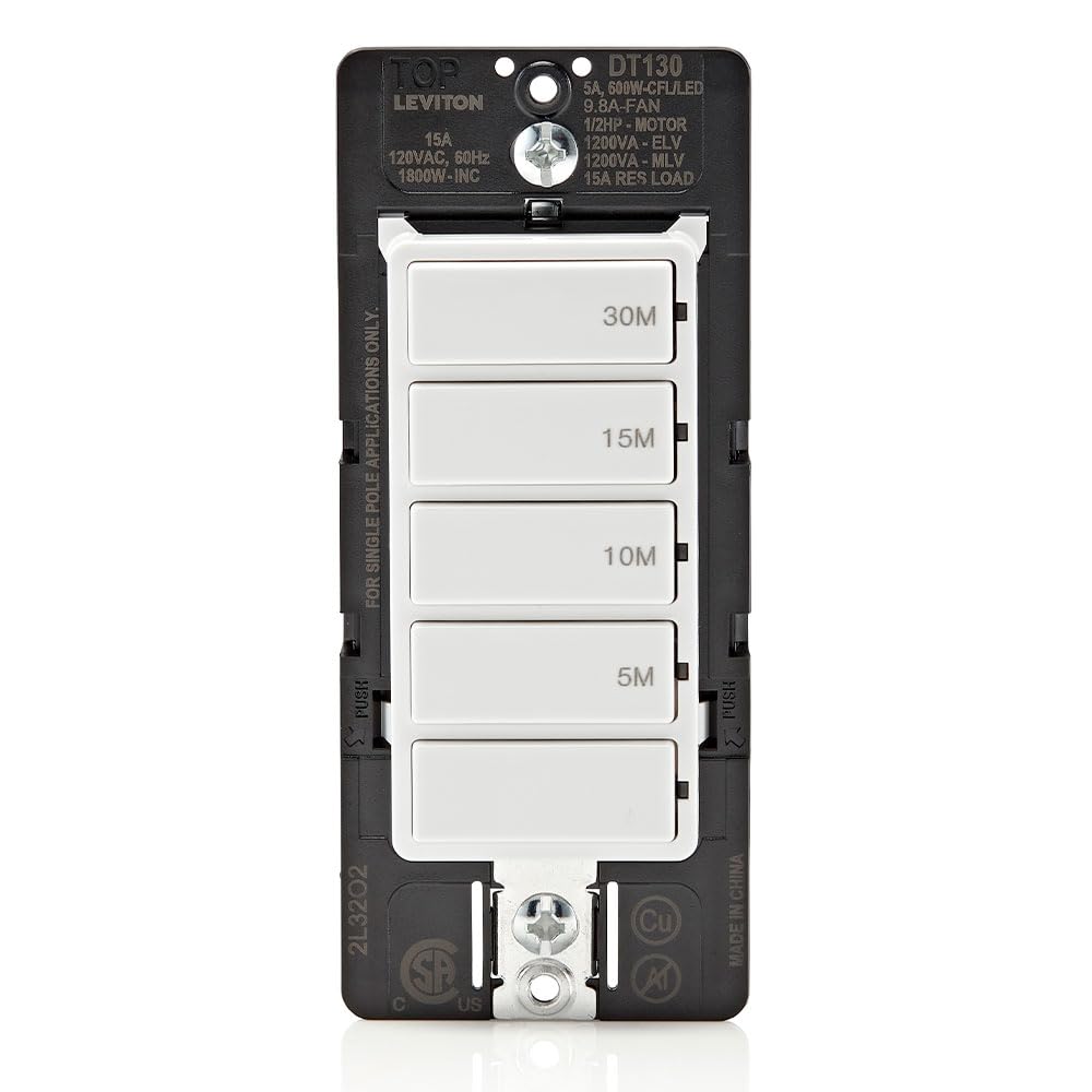 Leviton Countdown Timer Switch for bathroom fan and household lights, 5-10-15-30 min, No Neutral Required, Single Pole, 15A, 1/2 HP/9.8A Fan/Motor, DT130-1LW, White