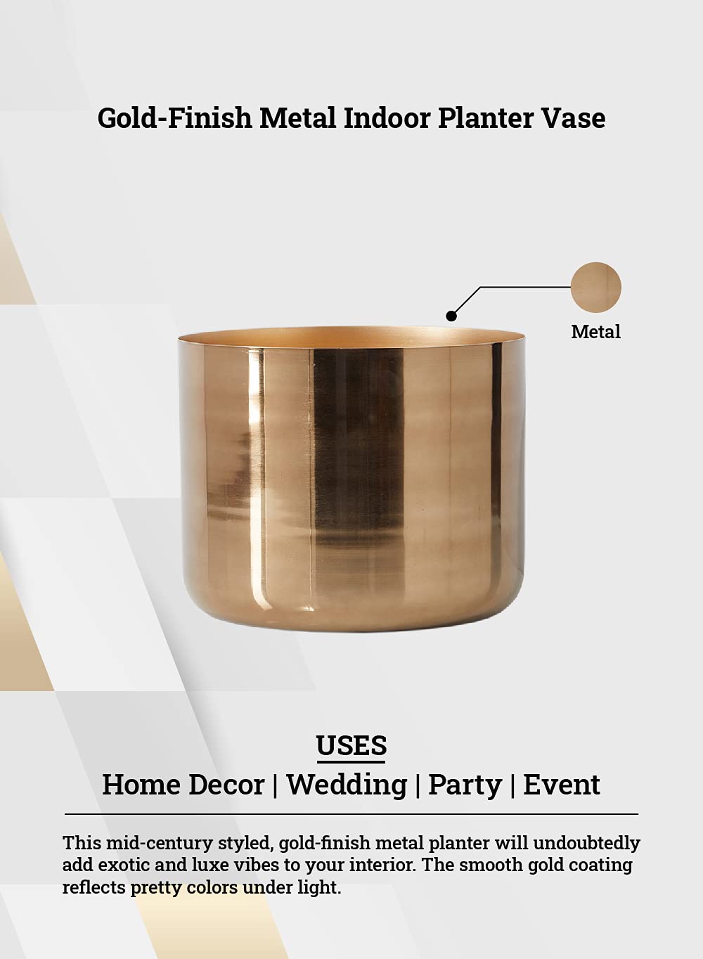 Serene Spaces Living Gold-Finish Metal Indoor Vase, Round Cachepot for Potted Plants, No Drainage Hole, Elegant Floor Planter for Living Room, Office, Kitchen, Wedding, Party, 11" Dia & 9" Tall