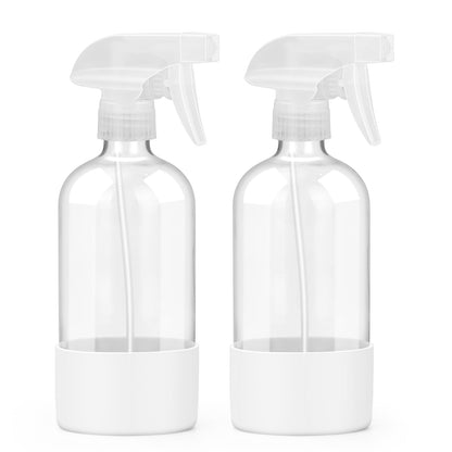 Worldgsb 2 Pack Glass Spray Bottles with Silicone Sleeve, 16 oz Empty Refillable Containers with Adjustable Spray Nozzles, Spray Bottles for Hair, Cleaning Solutions and Plants White