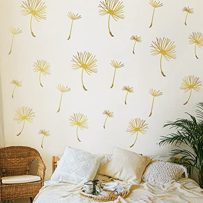 66 Pcs Wall Decals Peel and Stick Dandelion Wall Stickers Metallic Flower Murals Floral Decor Sticker for Bedroom Bathroom Living Room Nursery Office Decor(Gold,6 Pcs)