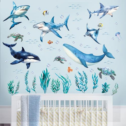 SHUCHING Removable Shark Wall Decals Peel and Stick, Vinyl Ocean Wall Sticker, Under The Sea Wall Decor Art for Nursery Playroom