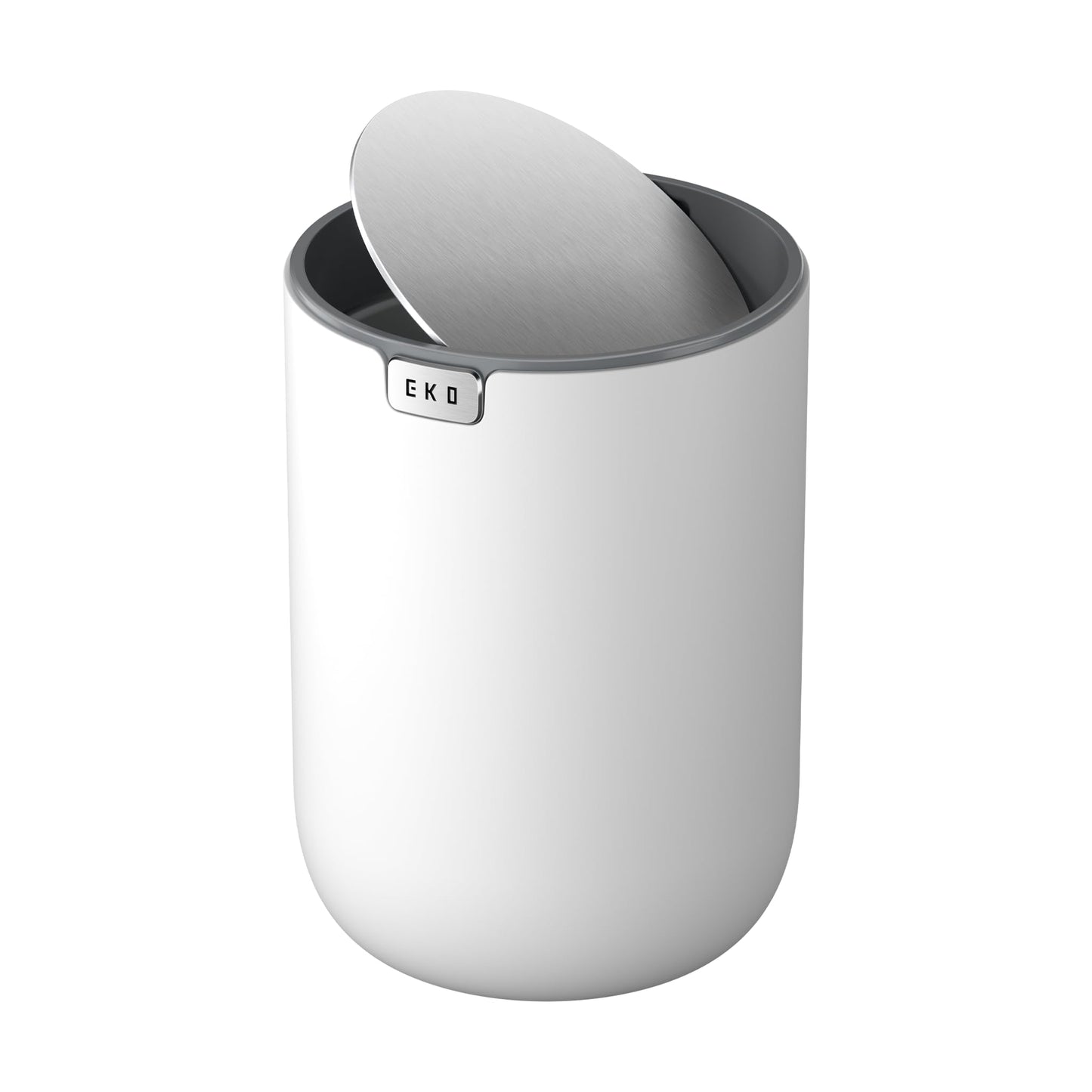 EKO Mini Desk Trash Can with Swing-Top Lid 0.4 Gallon Small Table Round Wastebasket for Office, Home, Car (White)
