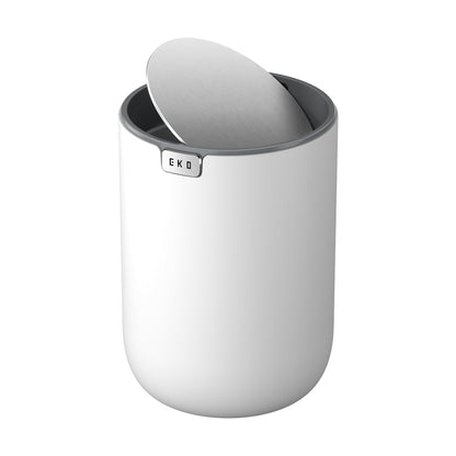 EKO Mini Desk Trash Can with Swing-Top Lid 0.4 Gallon Small Table Round Wastebasket for Office, Home, Car (White)