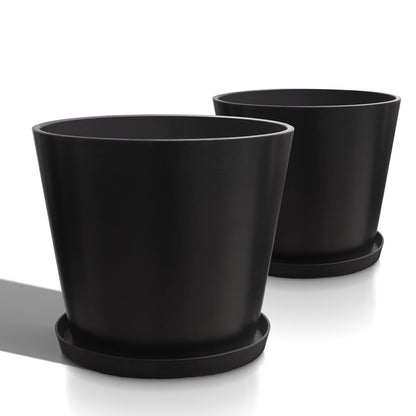 Heyzier Wide Planters for Outdoor Plants, Extra Large Indoor Flower Pots for Garden, Front Porch, Patio - Round Resin Planter Set of 2 (Black, 16" D x 14" H)