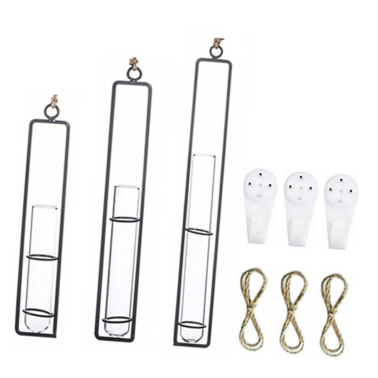 BESTonZON Wall Hanging Hydroponic Glass Test Tube Flower Vase Set with Iron Frame Plant Propagation Tubes for Home Garden Decoration Includes 3 Hemp Ropes and 3 Adhesive Hooks