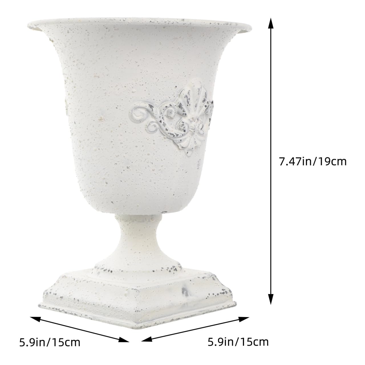 POPETPOP Tall Metal Urn Planter: 7.47" Distressed White Pedestal Vase for Floral Arrangements, Rustic Farmhouse Flower Pot for Wedding Centerpiece, Home Decor