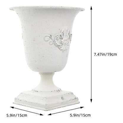 POPETPOP Tall Metal Urn Planter: 7.47" Distressed White Pedestal Vase for Floral Arrangements, Rustic Farmhouse Flower Pot for Wedding Centerpiece, Home Decor