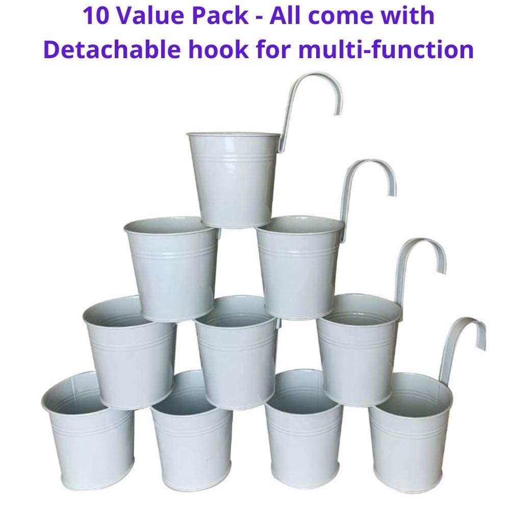 LaLaGreen Bundle - 6" x 10 Pack + 4" x 10 Pack White Metal Iron Hanging Flower Pots Balcony Railing Herb Garden Bucket Fence Planter for Outdoor Plants Flower Deck Rail Porch Window Box Hooks