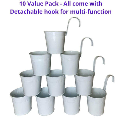 LaLaGreen Bundle - 6" x 10 Pack + 4" x 10 Pack White Metal Iron Hanging Flower Pots Balcony Railing Herb Garden Bucket Fence Planter for Outdoor Plants Flower Deck Rail Porch Window Box Hooks