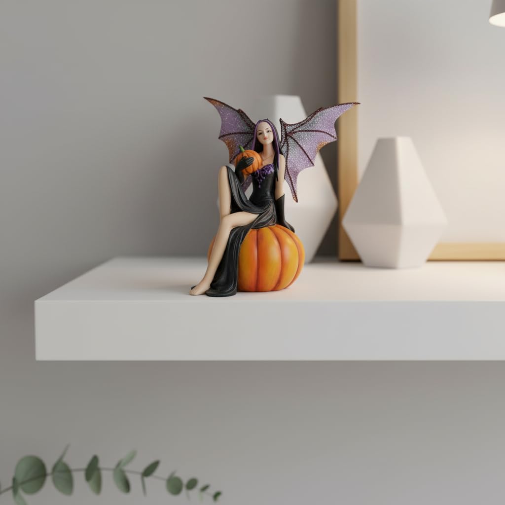 Comfy Hour 5.9" Resin Halloween Pumpkin Fairy Figurine, Gothic Dark Fantasy Sorceress Statue with Bat Wings, Mystical Antique Style Home Decor