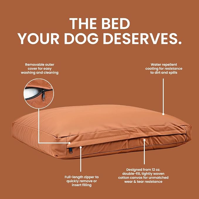 WHITEDUCK Outdoor Dog Bed Heavy-Duty 12oz Canvas, Water-Repellent Cotton, Machine Washable Removable Cover with Full-Length Zipper, Dog Bed for Large Dogs & Crate, (Brown) 35" Lx20 Wx4.3 th (M)