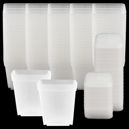 HEIHAK 100 PCS 3 Inches Plastic Square Nursery Pot, Transparent Square Plastic Starter Pots with Saucers and Drainage Hole, Clear Nursery Pots for Your Room, Garden, Office and Balcony Decor