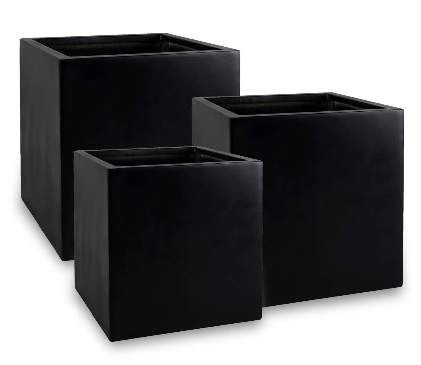 Black Square Planter Box Indoor Outdoor Flower and Tree Large Cube Planting Pot 16" X 16" - Fiberstone