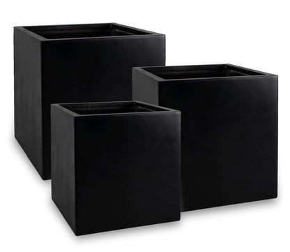 Black Square Planter Box Indoor Outdoor Flower and Tree Large Cube Planting Pot 16" X 16" - Fiberstone