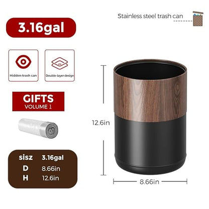 3.1GAL Modern Metal Waste Bin with Realistic Wood Texture,Built-in Bag Holder,Open-Top Trash Bin for Bathroom,Home,Office,Living Room (3.1gal Round)