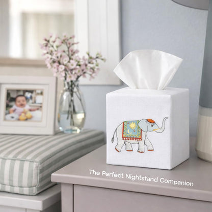 Jacaranda Living Square Tissue Box Cover, Linen/Cotton Tissue Holder, Decorative Cloth Tissue Cover, Fits Standard Square Tissue Boxes, Embroidered Animal Designs, Charming Elephant (Blue)