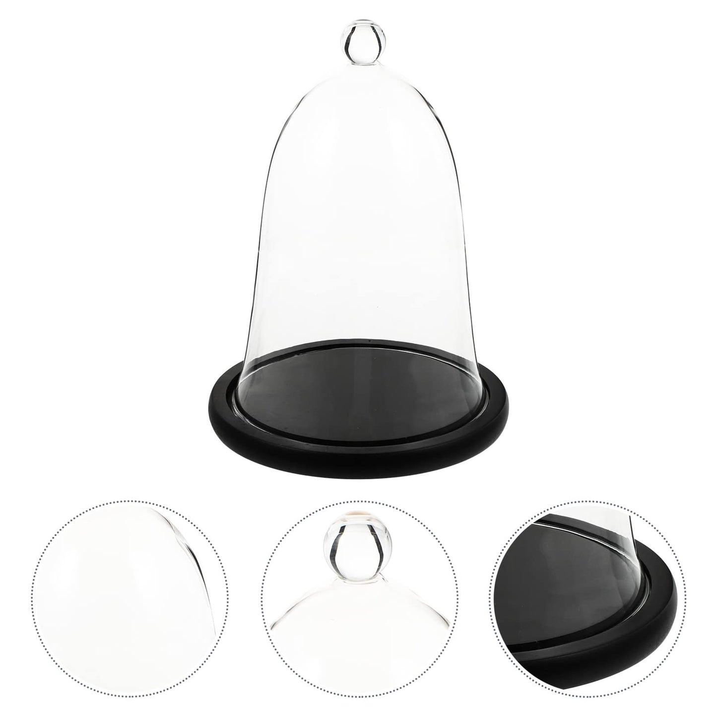 Cupcake Clear Glass Dome Cloche with Rustic Wooden Base Antique Bell Jar Display Dome for Plants Succulents Fairy Lights Photos Medals Decorative Fill and More Black Mini Cake Stand
