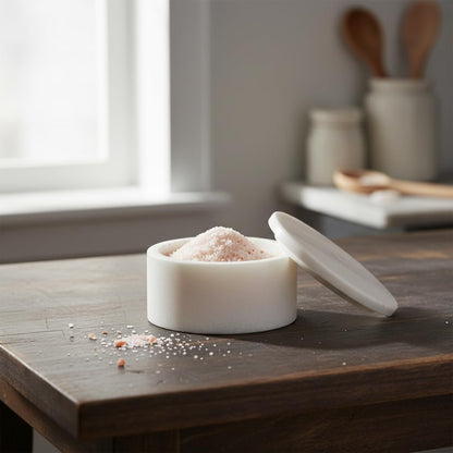 Queenza White Marble Salt Cellar with Lid – Handmade 3 Inch Marble Salt Bowl, Kosher Salt Keeper, Spice & Herb Container