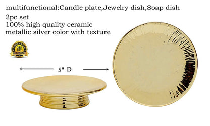 Ceramic Gold Candle Holders Set 2 Modern Pillar Candle Stand Candle plate Table Centerpiece Jewelry dish golden Tray riser display stand for Home,Dinning,Party,Wedding,Birthday,Anniversary Decorations