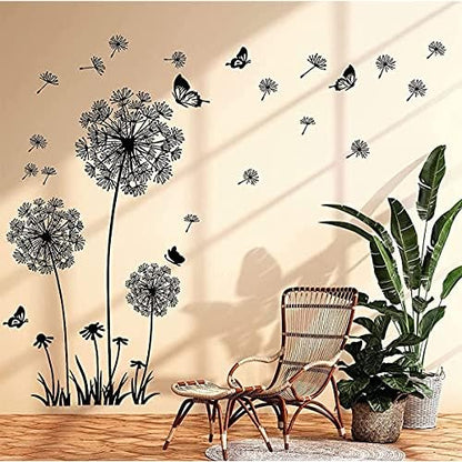 Runtoo Black Dandelion Wall Art Stickers - Large Flower Butterfly Wall Decals for Bedroom & Living Room