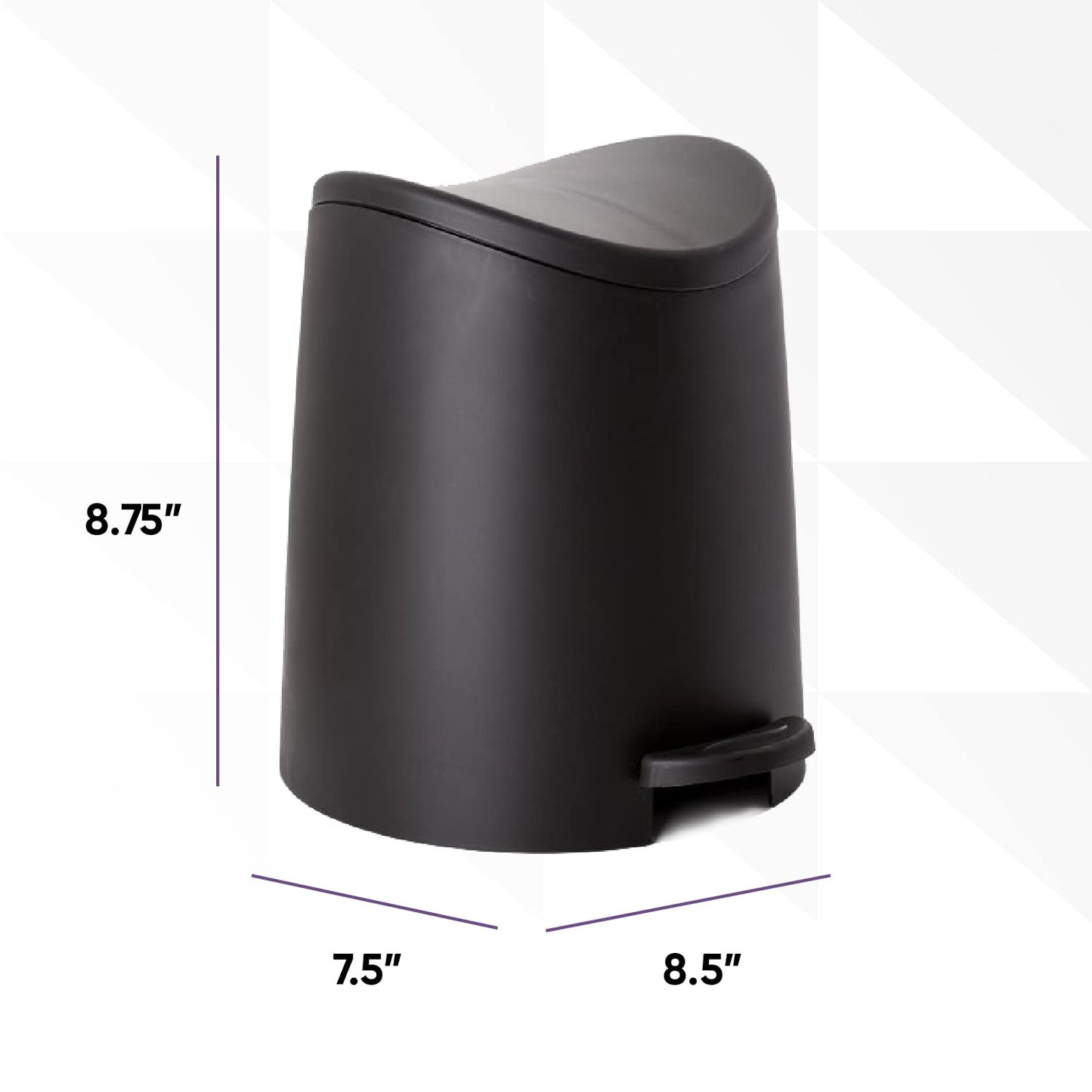 Superio MIni Plastic Bathroom Trash Can with Lid 3 Liter Black Modern Curved Step On Trash Can with Foot Pedal, Mini Kitchen Waste Bin, Durable and Soft Close for Bedroom, Office, Under Desk