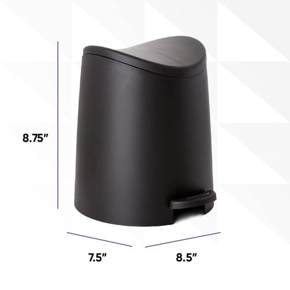 Superio MIni Plastic Bathroom Trash Can with Lid 3 Liter Black Modern Curved Step On Trash Can with Foot Pedal, Mini Kitchen Waste Bin, Durable and Soft Close for Bedroom, Office, Under Desk