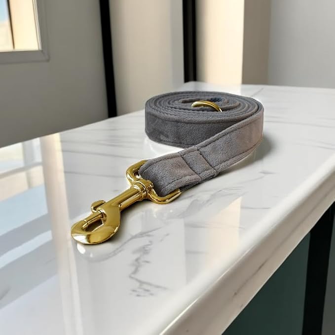 Love Dream Velvet Dog Collar and Leash Set, Soft & Comfy Adjustable Dog Leash and Collar with Heavy Duty Metal Buckle for Small Medium Large Dogs Training & Walking (Small, Grey)
