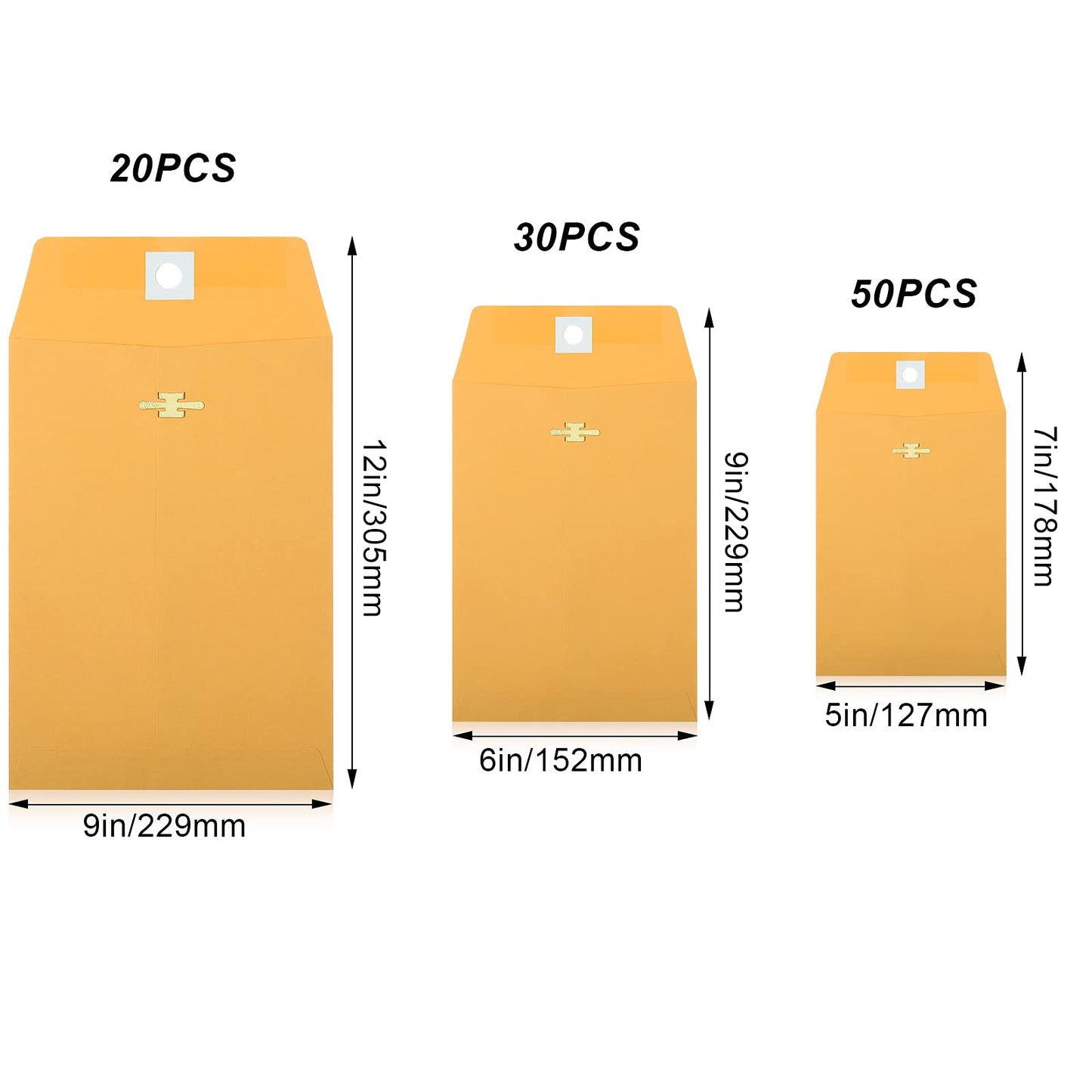 Zonon 100 Pieces, 9 x 12 Clasp Envelopes, 3 Sizes 9'' x 12'', 6'' x 9'', 5 ''x 7'', Kraft Manilla Envelope with Closure for Filing, Storing, Privacy Ensuring or Mailing Documents