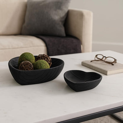 Set of 2 Wooden Decorative Bowls – Accent Bowl Set for Everyday Display, Coffee Table or Entryway Styling – Heart Shape Design for Soft, Sculptural Impact, Home Decor – 10" & 8", Black