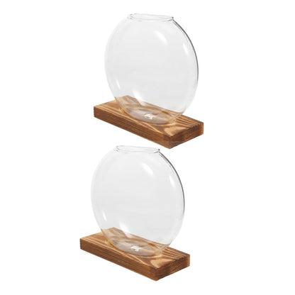 FUTUREORYY 2pcs Indoor Plant Vase with Wooden Base, Hydroponic Glass Planter for Propagation, Desktop Terrarium Suitable for Home and Office Décor