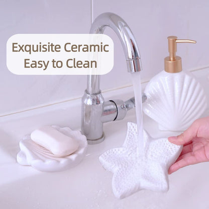 Shell Soap Dish, Starfish Jewelry Dish Tray, Ceramic Ocean Soap Holder for Bathroom,Tub, Kitchen Sink & Vanity Spaces(Shell)