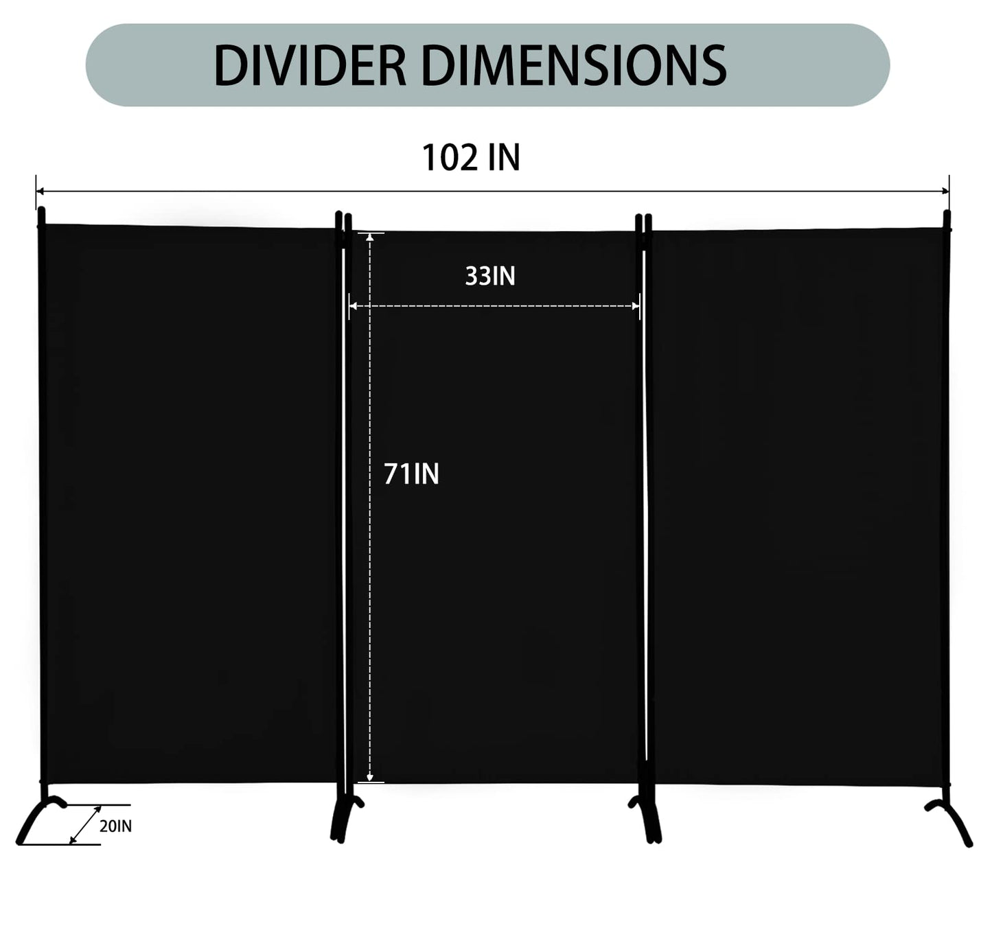 Room Divider 3-Panel Privacy Screen, Portable Screen Steel Frame with Hook&Loop for Home, Office, Classroom, Studio, Meeting (Black