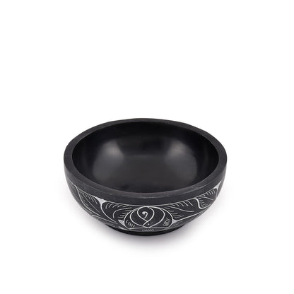 Kaizen Casa Hand Carved Natural Stone Smudge Bowl, White Leaf Design | Size 5' x 2' Black Ritual Bowl Display Jewelry Dish Kitchen Table Decor Gift