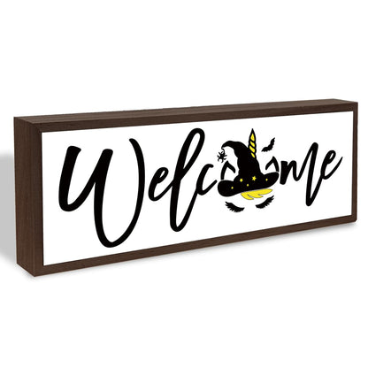 Welcome Wood Home Decor Signs, Welcome Witches Hat Wood Plaque, Home Tabletop Desk Decorative Sign, Halloween Sign, Hanging Decorative Wooden Plaque 9.5x3.1 Inches(A27)