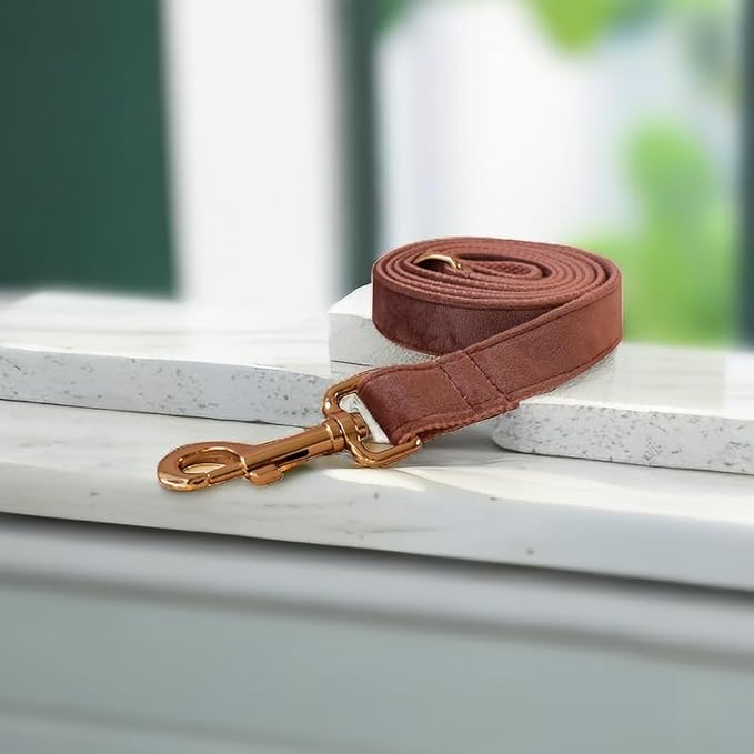Love Dream Velvet Dog Collar and Leash Set, Soft & Comfy Adjustable Dog Leash and Collar with Heavy Duty Metal Buckle for Small Medium Large Dogs Training & Walking (Small, Dark Pink)