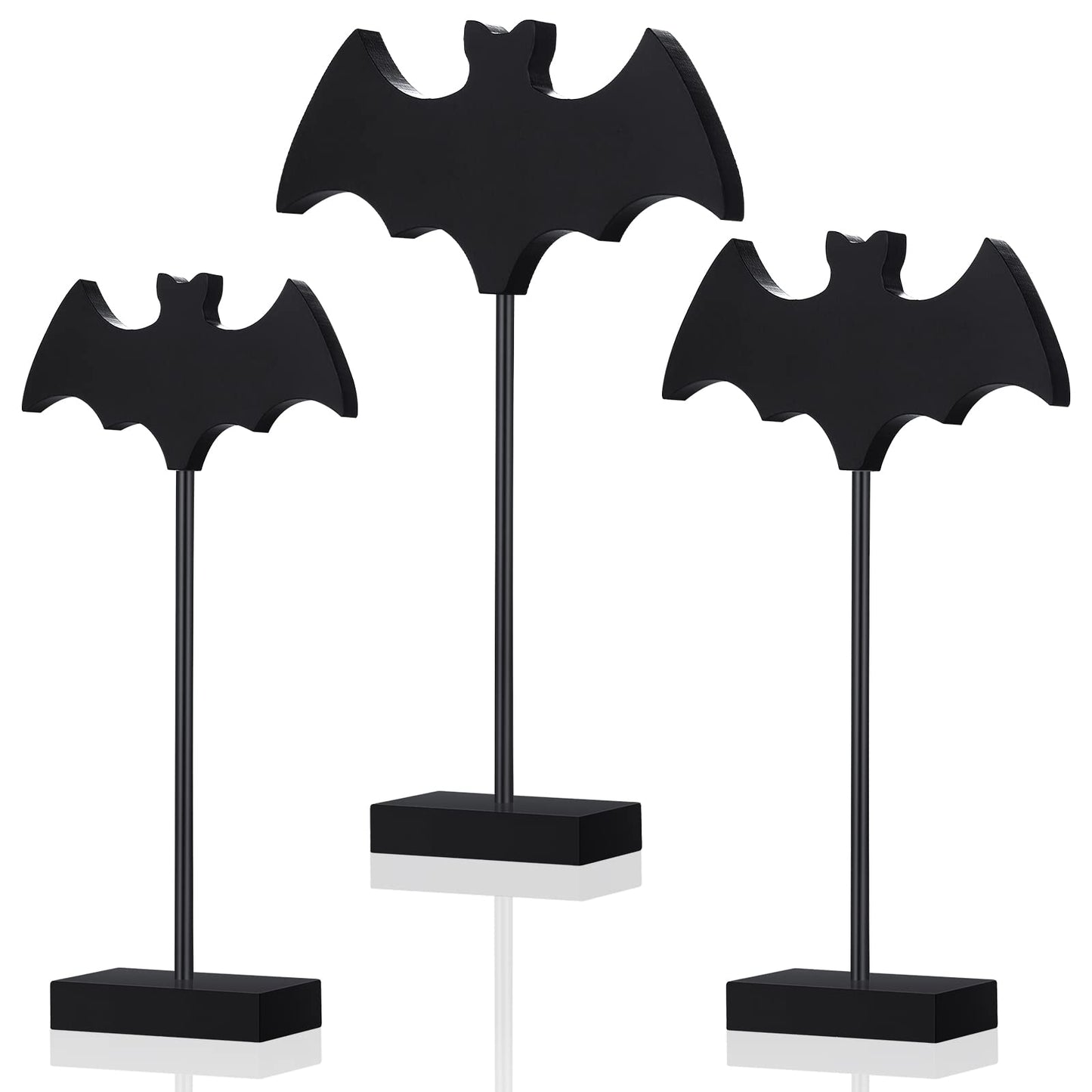 Shellwei 3 Pieces Halloween Wood Table Decor Bat Wooden Table Topper Sign Fall Tall Standing Wooden Centerpiece for Halloween Party Favor Home Room Decor(Black)