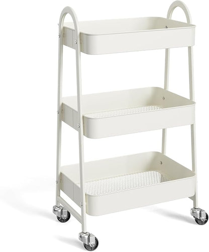 NEWBULIG 3-Tier Metal Rolling Cart with Lockable Wheels, Heavy Duty Mobile Utility Storage Shelf, Roller Book Snack Cart, Organization for Livingroom, Bathroom, Office, White