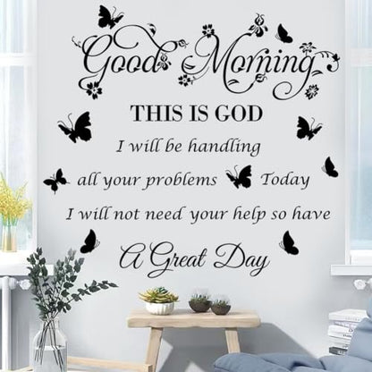 Bible Verse Inspirational Quote Good Morning This Is God Wall Stickers - Religious Decals With Flower Butterfly for Bedroom, Living Room, Office, Bathroom Decoration, Black