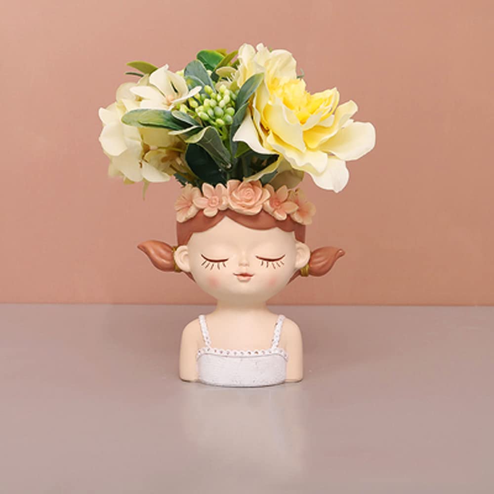 4.35" Cute Head Planter Resin Succulent Pot - Little Girl Flower Container, Human Face Cactus Plants Bonsai Holder, Thumb Fairy Figurine Statue With Drainage - Decor Gift