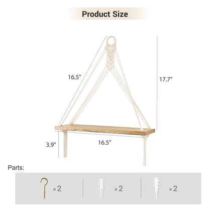 Mkono Macrame Hanging Shelves Boho Wall Decor Set of 2 and Bedside Shelf Organizer with Hooks