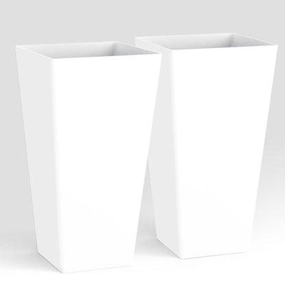 Worth Garden 20" Tall Planters Set of 2 – Large White Tapered Plastic Flower Pots for Indoor & Outdoor Use – Modern Plant Containers with Drainage Holes – Ideal for Front Porch, Patio, Balcony