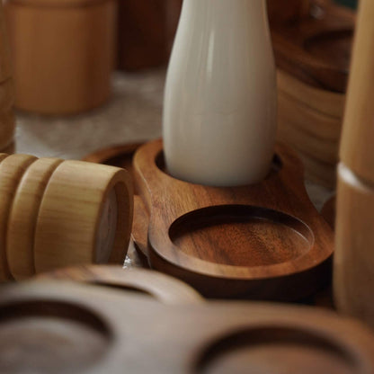 DeroTeno Salt and Pepper Mill Tray, Inner Dia 6 cm / 2.36 inch, Acacia Wood, Pepper Grinder Rest, Dining Table Protector (Pepper Mill and Salt Mill are not Included)