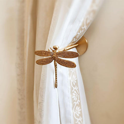 QIIODATD Brass Curtain Holdbacks (2 Pack) Gold Curtain Tieback Curtain Holders Backs Wall Hooks Pull Backs for Wall Mounted Home Decoration (Dragonfly)