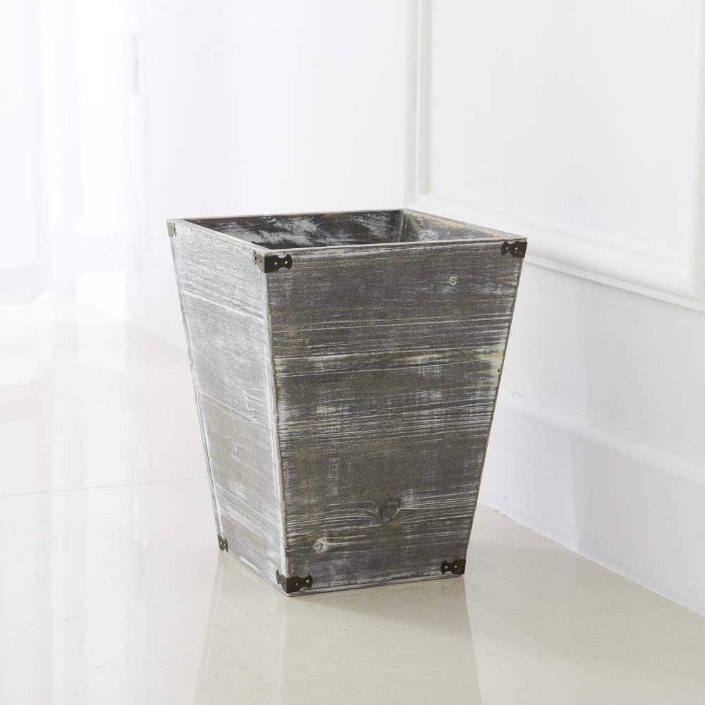 VERGOODR Gray Farmhouse Style Torched Wood Square Waste Bin with Decorative Metal Brackets Trash Can for Bedroom,Living Room, Bathroom & Office